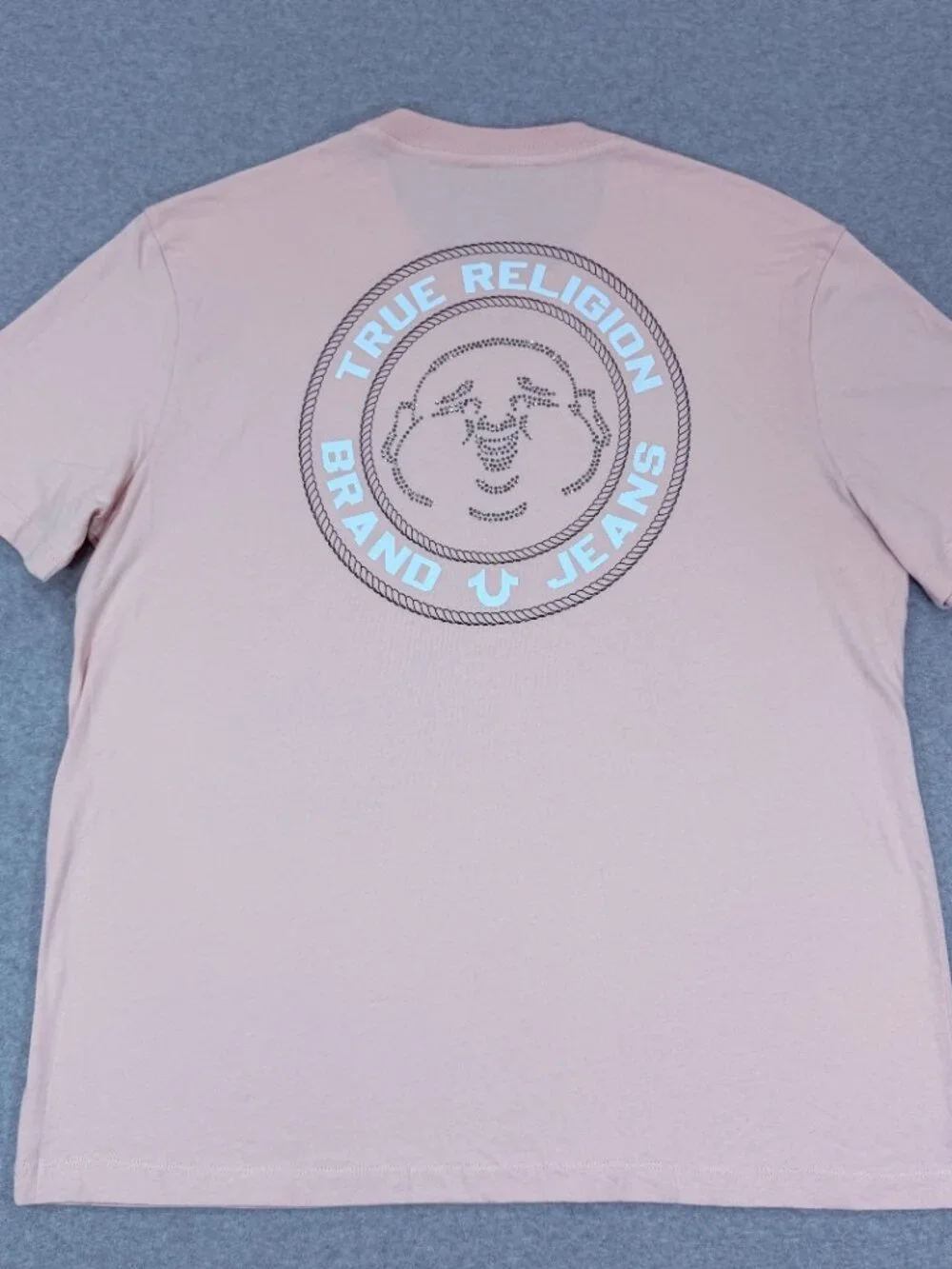 True Religion Crystal Buddha Face Tee Men's XL Sepia Rose Pink Rhinestone NWT